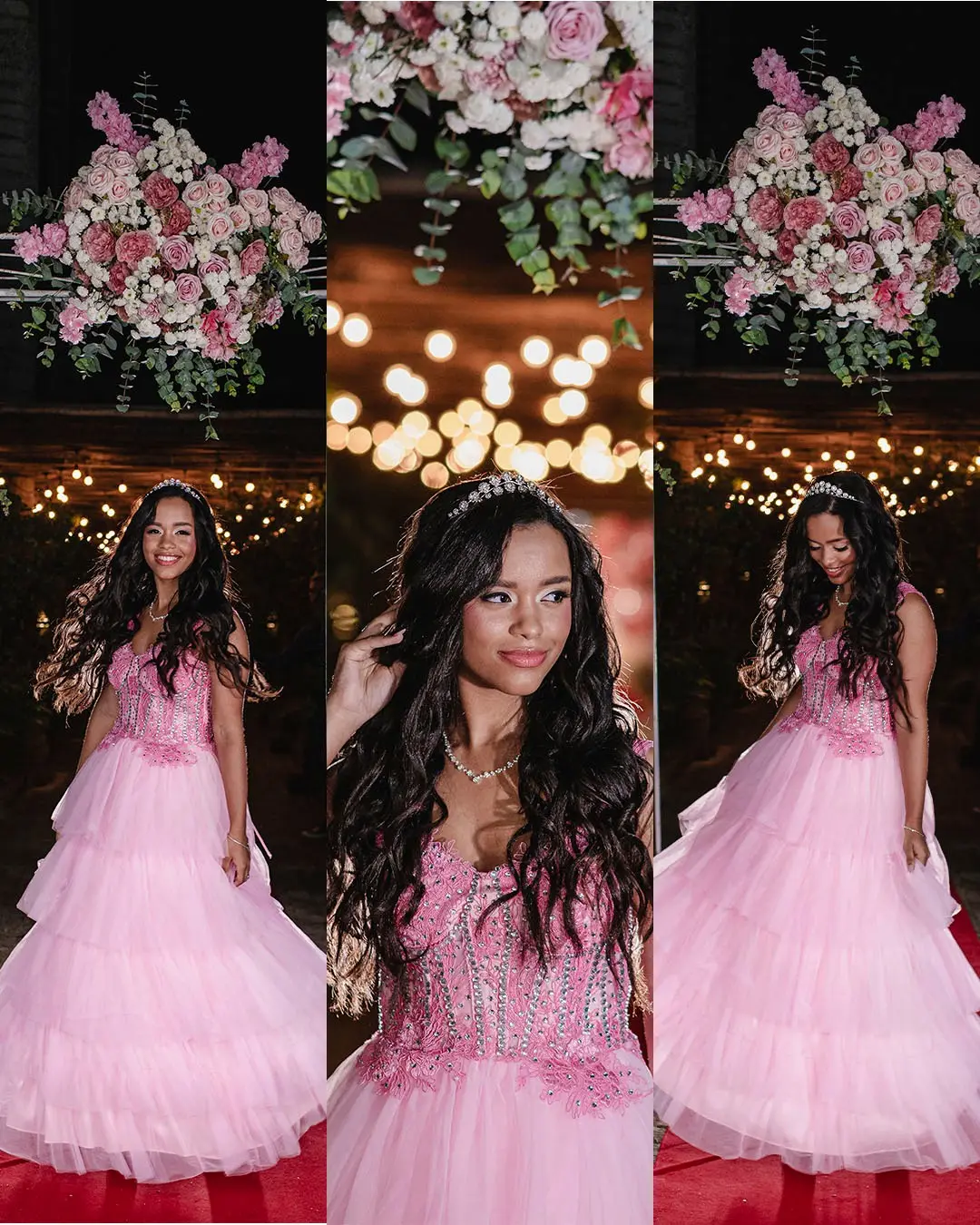 Três retratos de uma debutante com vestido rosa de tule, entre arranjos de flores rosadas e luzes