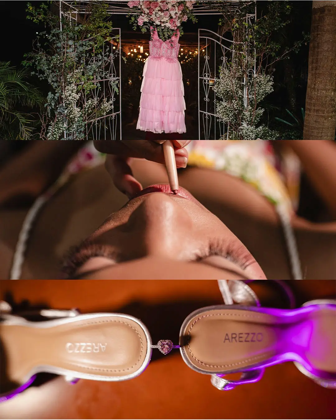 Montagem de detalhes de uma festa de 15 anos: vestido rosa pendurado, maquiagem sendo aplicada e sandálias